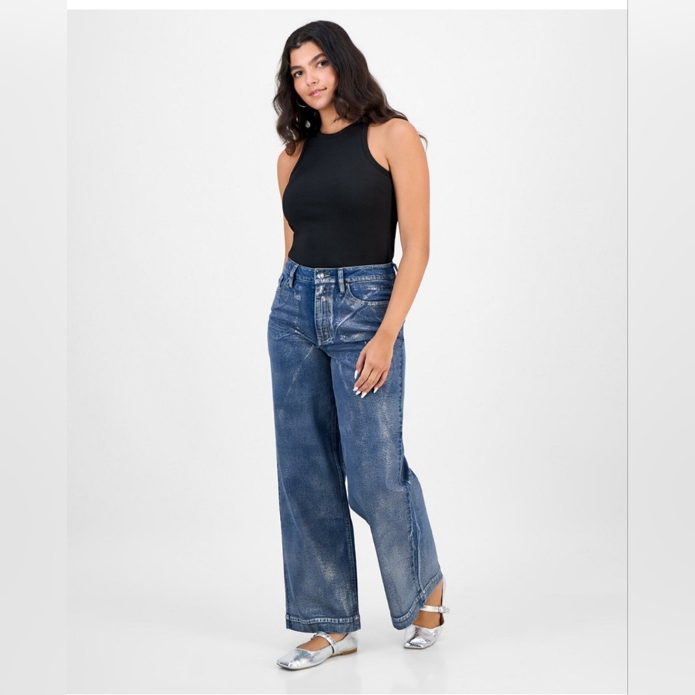 BAR III WOMEN'S HIGH RISE METALLIC WIDE LEG  JEANS SIZE 10 NWT